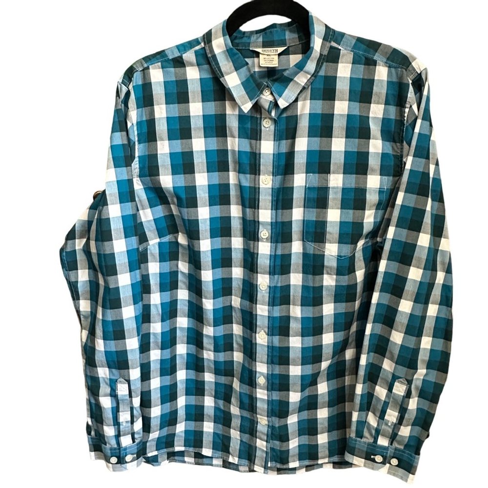 Duluth Trading Co women's size XL blue plaid pocket button front top